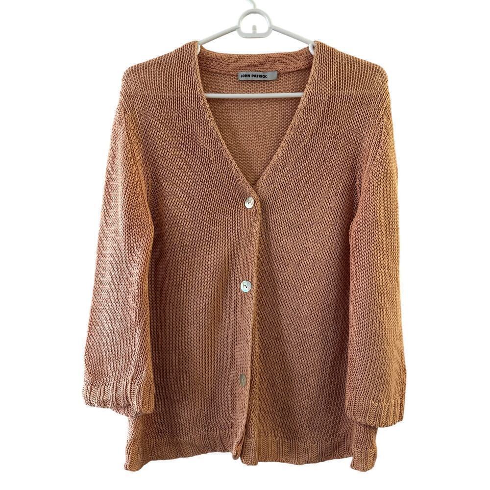 John Patrick Linen Knit Cardigan Pearl Button Size Medium Sheer Peach